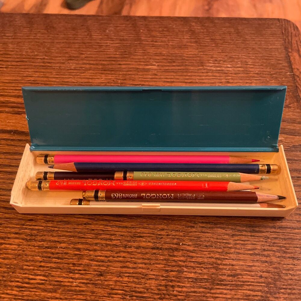 VTG 1960’s Eberhard Faber Mongol Colored Pencils Eagle Turquoise Plastic Case